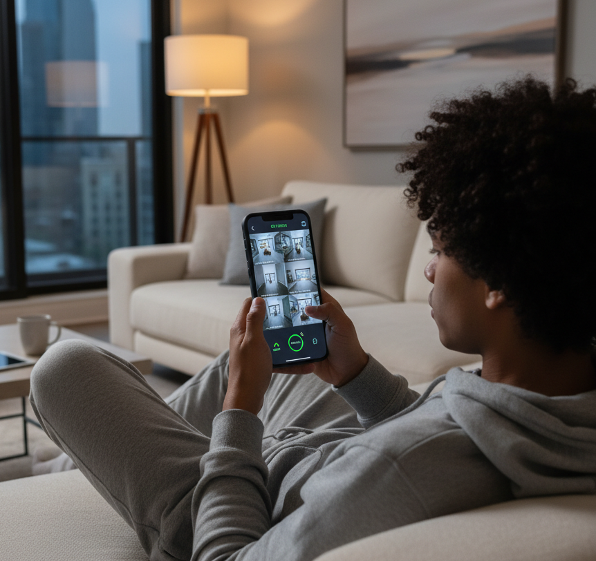 Família tranquila observando o sistema de segurança